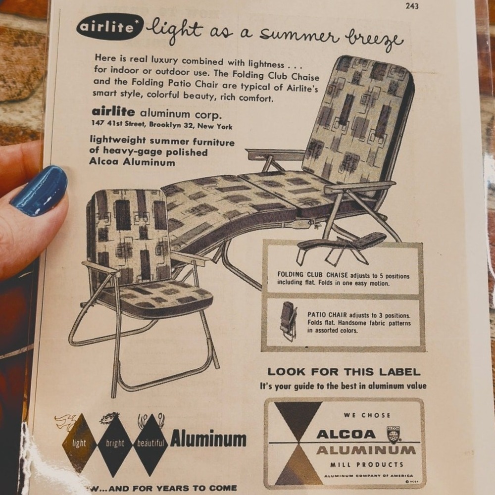1956 Airlite‎ Folding Club Chaise and Patio Chair Alcoa Alum Orig Vtg Print Ad